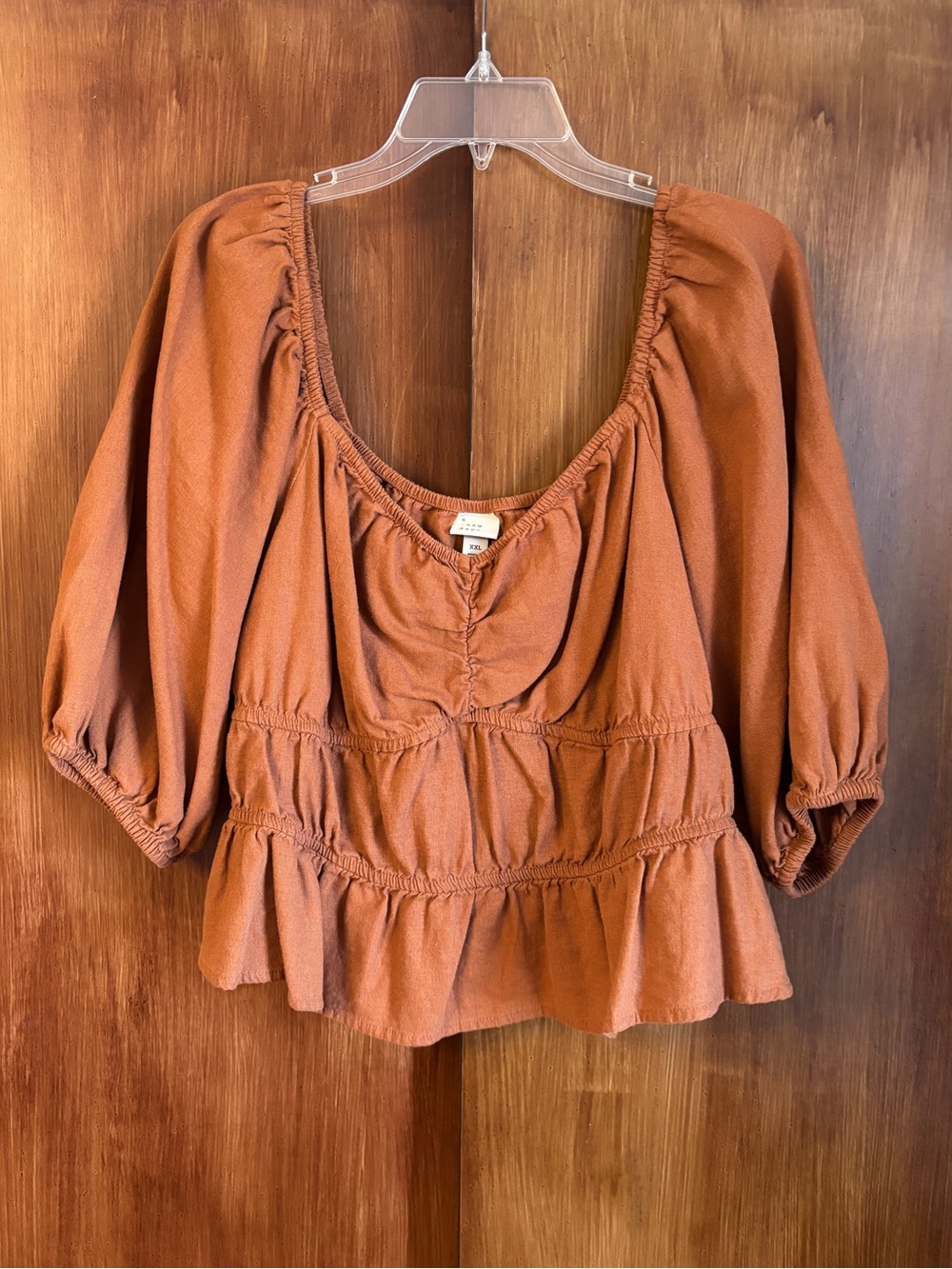 EUC A New Day Puff Sleeve Copper Brown Linen Peasant Blouse | Women’s Plus XXL